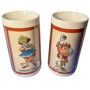 Vintage Thermo-Serv Tennis Mugs Set 2 1976 Retro‎ Cartoon Insulated Made in USA